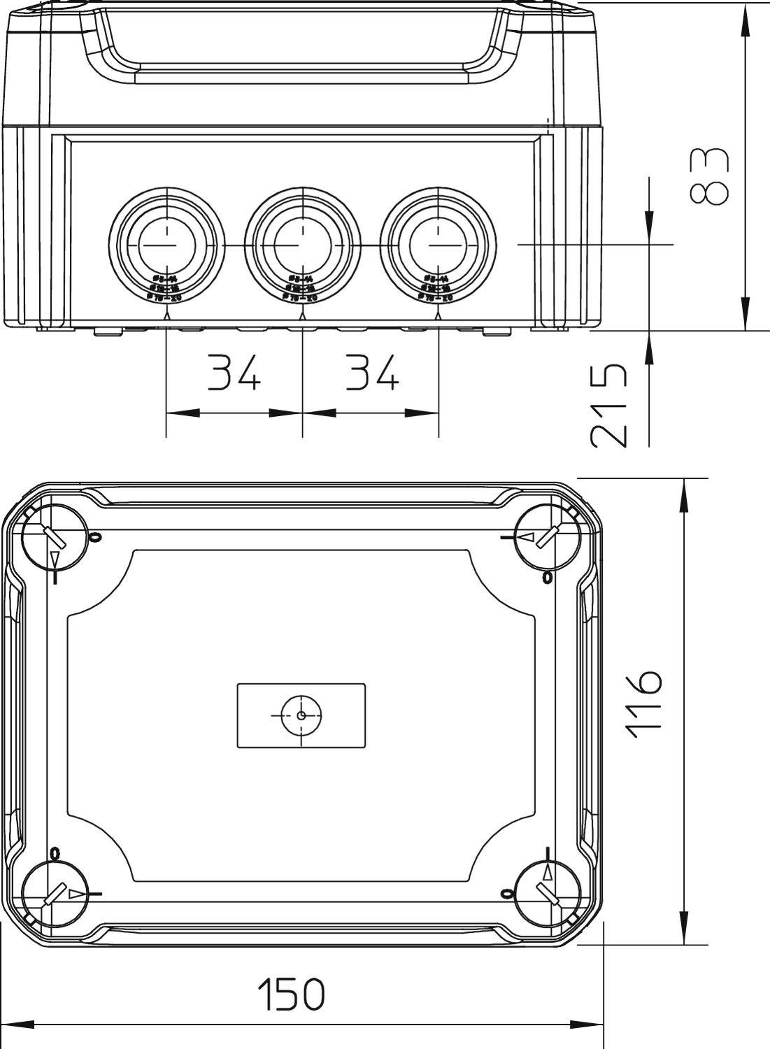 Technische Zeichnung eines rechteckigen Gehäuses mit drei kreisförmigen Aussparungen vorn. Abmessungen sind 215x150x116 mm.