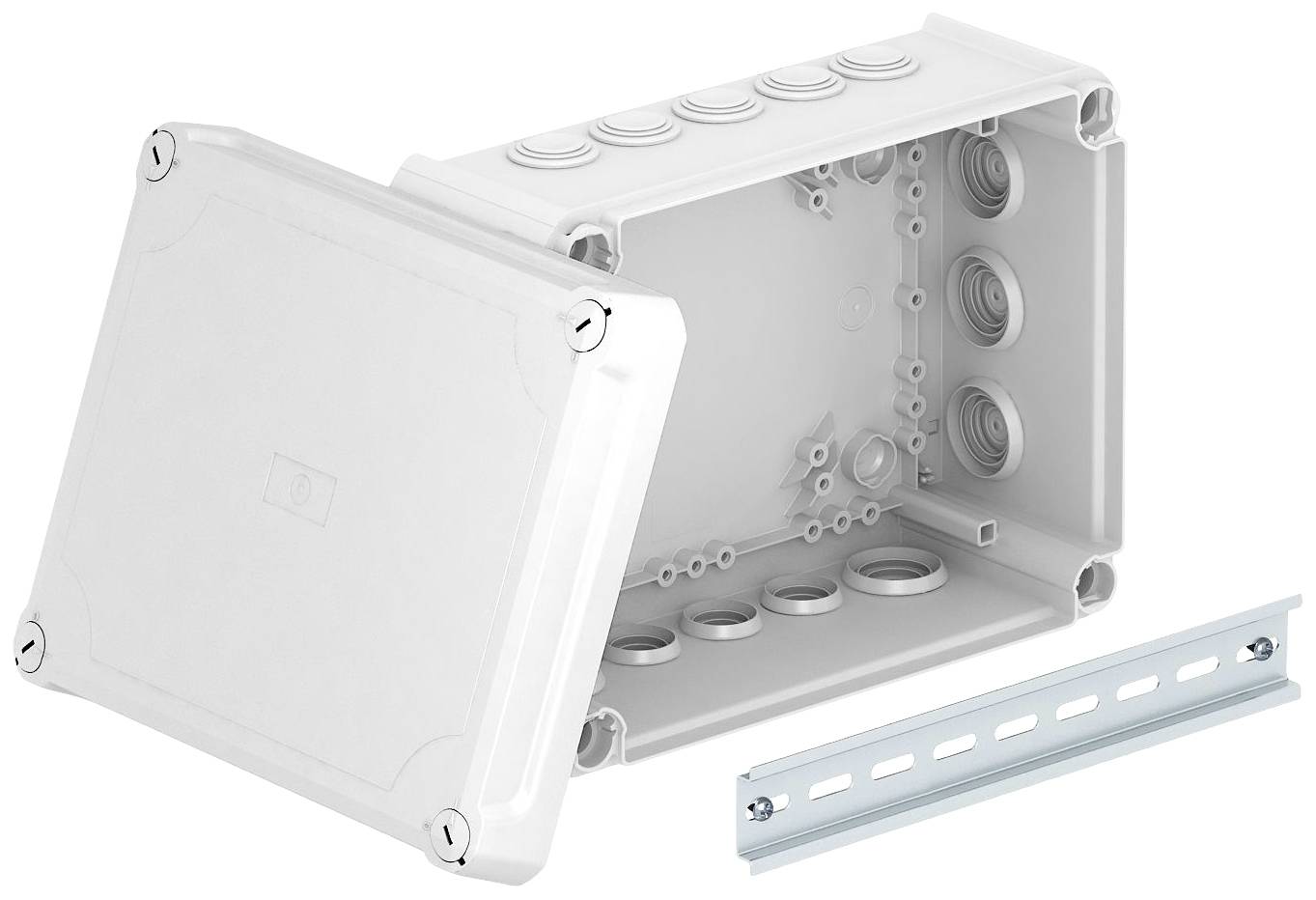 Ein offenes graues Gehäuse mit abnehmbarer Abdeckung und Seitenlöchern liegt neben einer Metallmontageschiene.