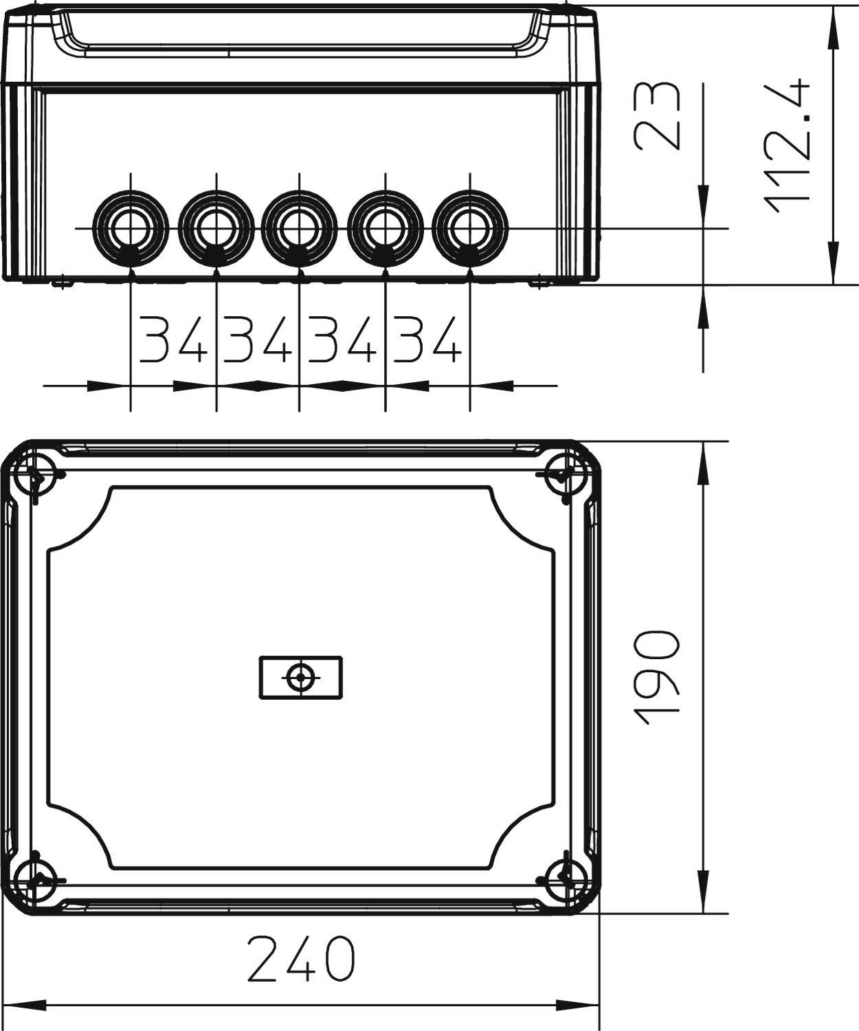 Technische Zeichnung eines rechteckigen Geräts mit fünf Anschlussöffnungen. Maße: 240 mm x 190 mm, Höhe 112,4 mm.