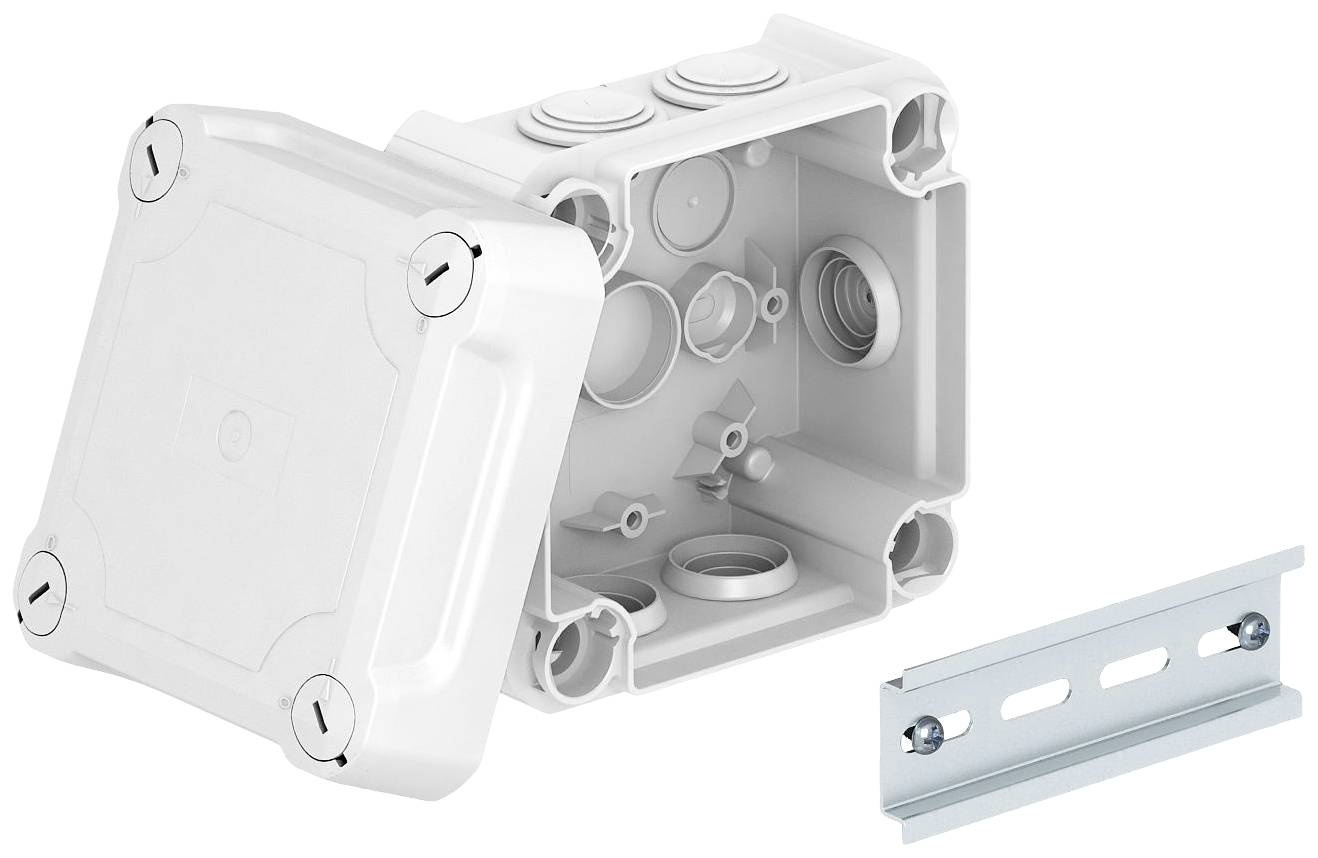 Weiße Kunststoff-Verteilerdose mit abnehmbarem Deckel, gezeigt neben einer Metallhalterung. Geeignet für Elektrokabelanschlüsse.