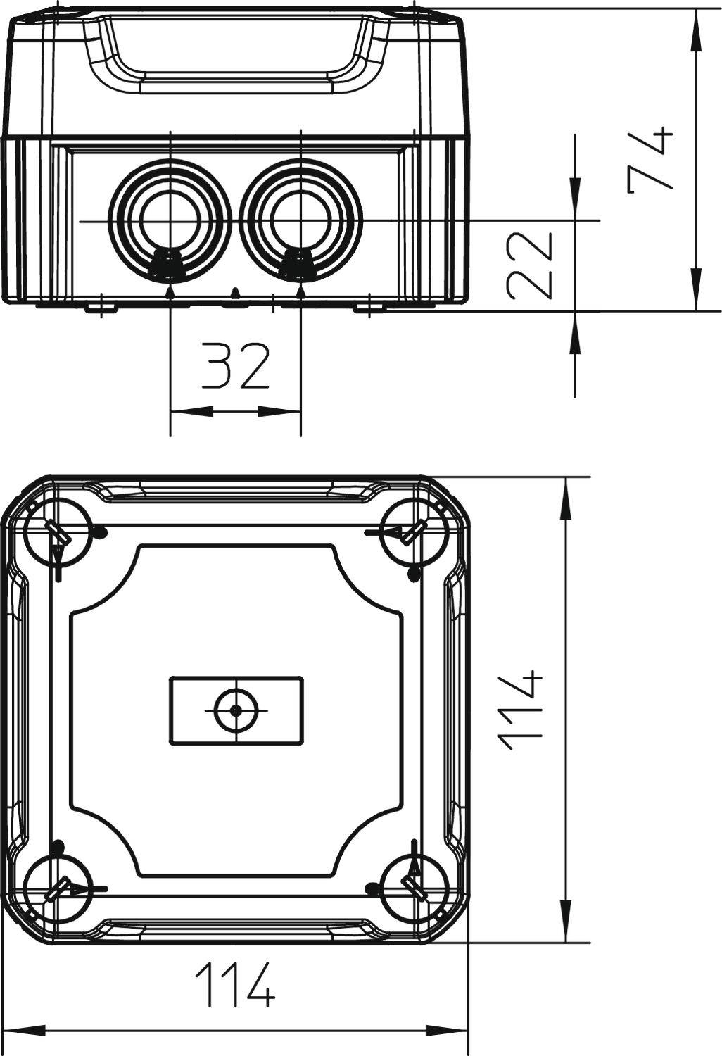 Technische Zeichnung eines rechteckigen Gehäuses mit Abmessungen: 74mm Höhe, 114mm Breite. Zwei seitliche Öffnungen, Ober- und Seitenansicht.
