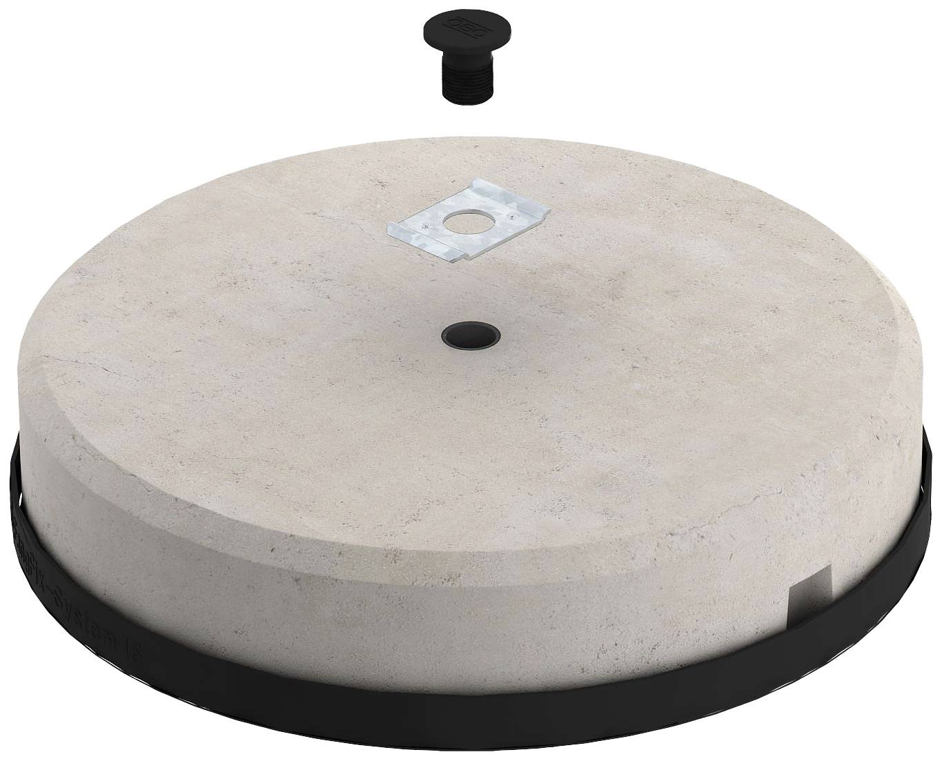 Runder Betondeckel mit einem kleinen schwarzen Griff in der Mitte und einem schwarzen Rand an der Unterseite.