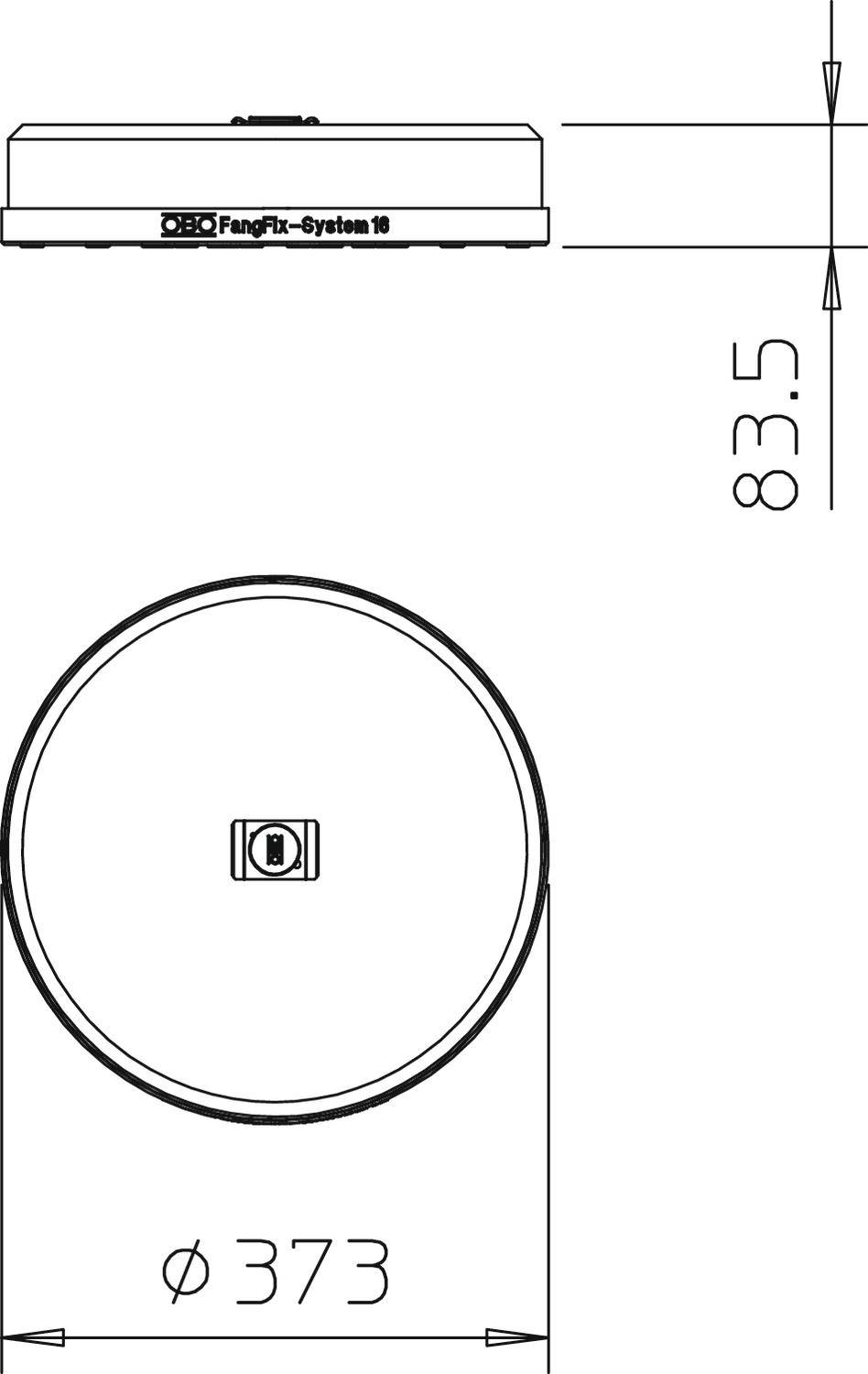 Technische Zeichnung eines runden Elements mit einem Durchmesser von 373 mm und einer Höhe von 83,5 mm, beschriftet mit 'FangFix-System 16'.