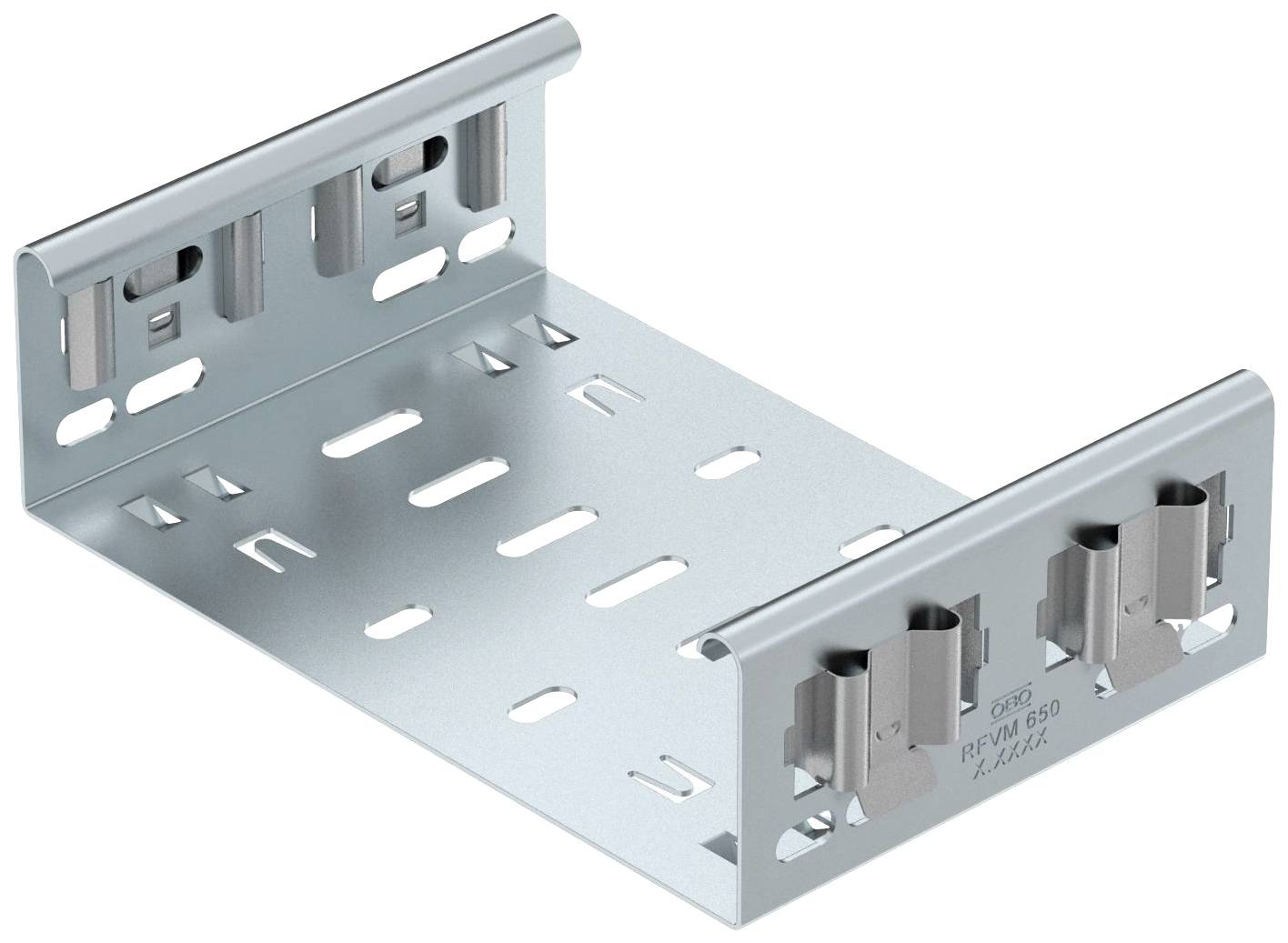 Metallwinkel mit zwei hochgezogenen Seiten und mehreren Schlitzen und Löchern in der Mitte, wahrscheinlich zur Montage oder Fixierung.