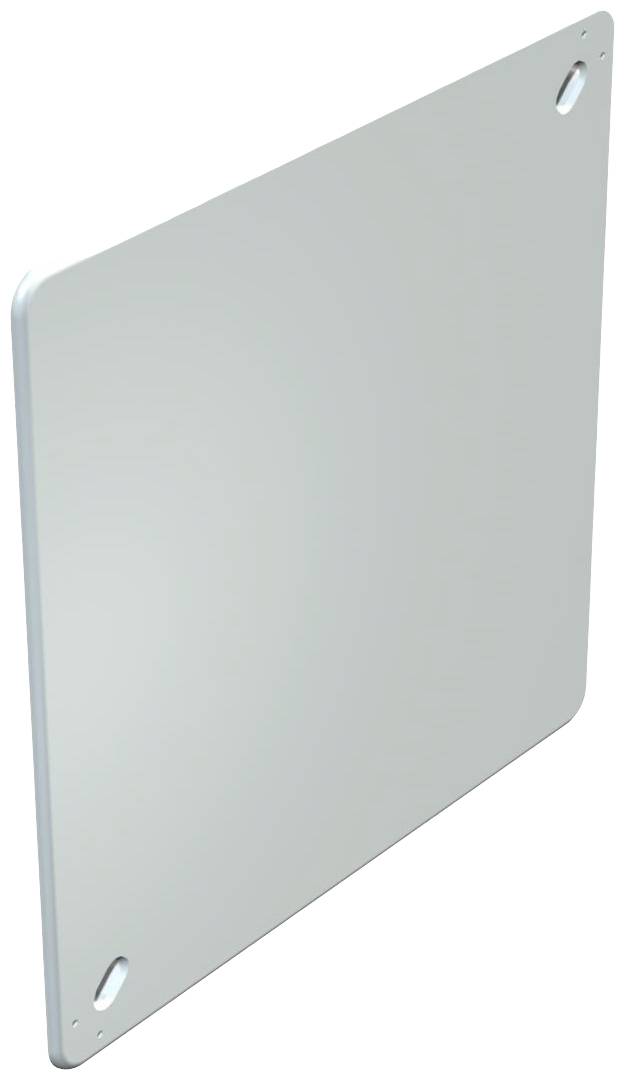 Metallplatte mit zwei abgerundeten Ecken und Löchern an den oberen Ecken, möglicherweise für Befestigungszwecke.