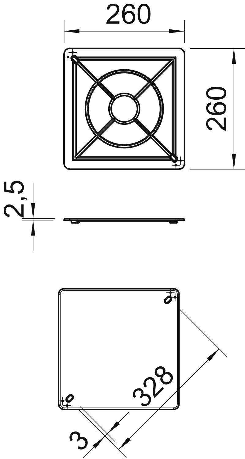 Technische Zeichnung eines quadratischen Gitters mit den Maßen 260 x 260 mm und 2,5 mm Dicke. Zweite Ansicht zeigt die Rückseite, gekippt um 3° und mit einer diagonalen Länge von 328 mm.