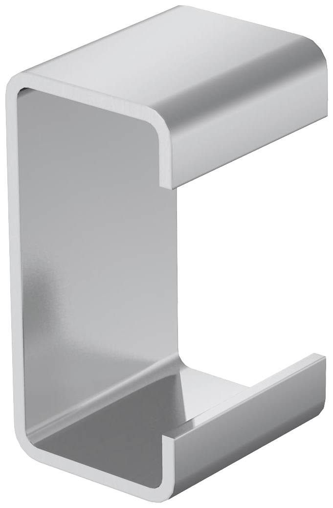 Metallene, gebogene Klammer in C-Form; glatte, glänzende Oberfläche; wird zur Verbindung oder Befestigung von Materialien verwendet.