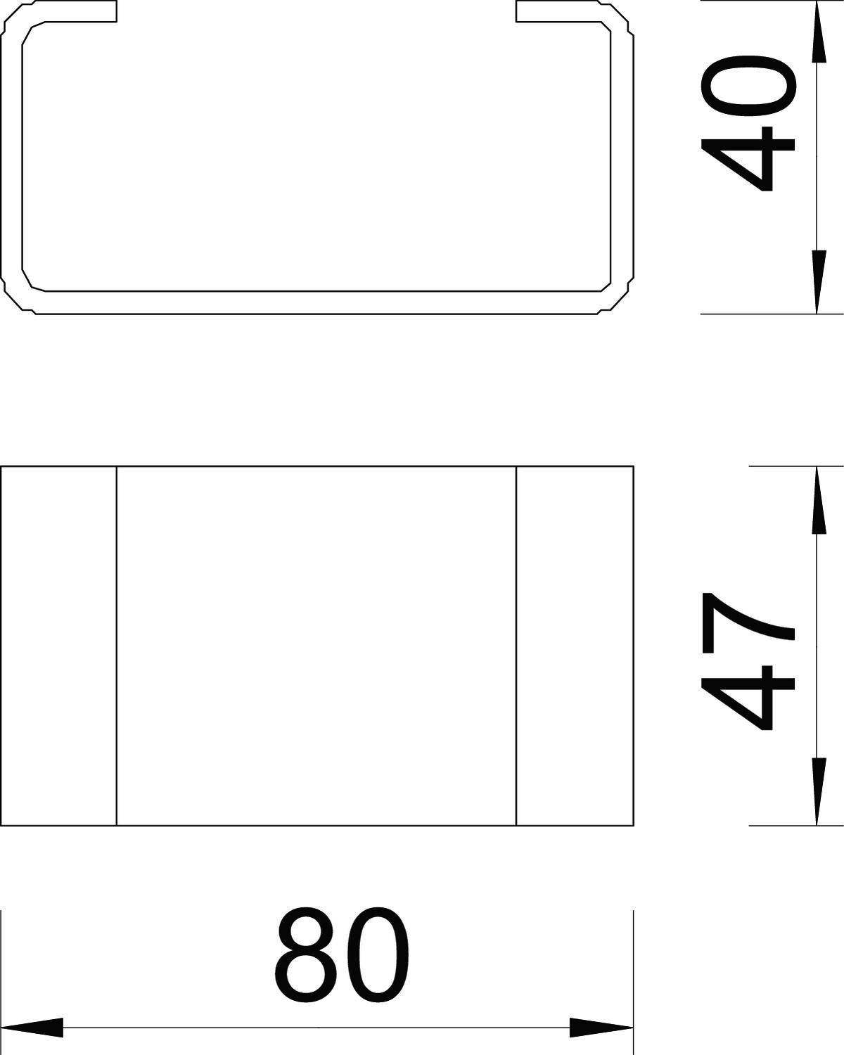 Diagramm zeigt Querschnitt und Draufsicht eines rechteckigen Bauteils. Die Abmessungen sind 80 mm Breite, 47 mm Höhe, 40 mm Tiefe.