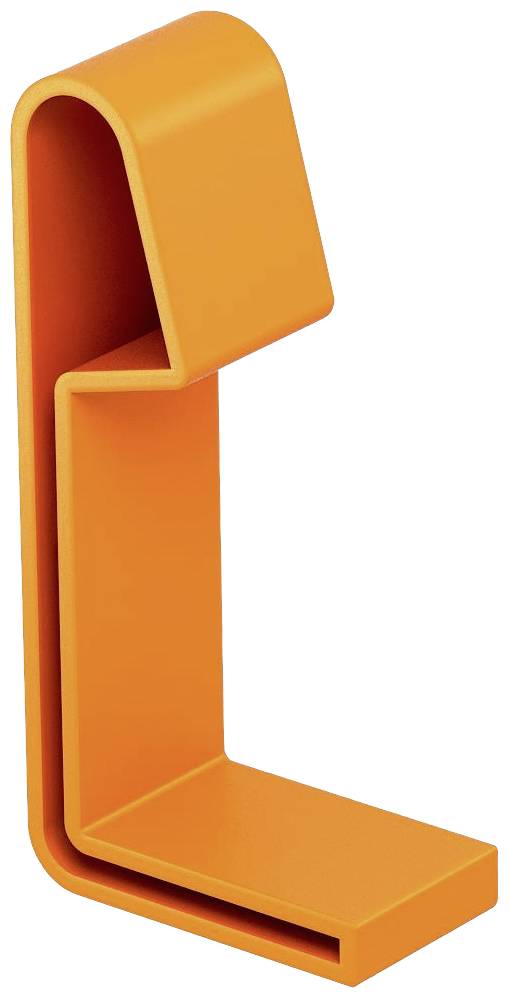 Ein orangefarbener L-förmiger Haken aus Kunststoff.
