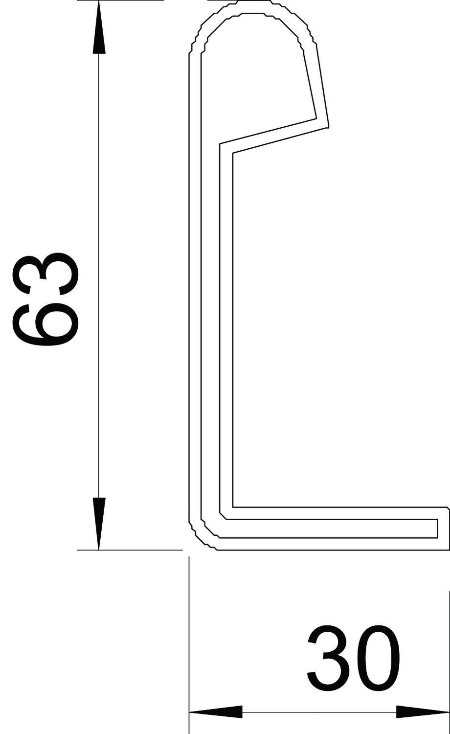 Querschnitt einer Leistenform aus einem Bauplan. Höhe 63 mm, Breite 30 mm. Zeigt die Konturen und Form mit genauen Maßen.