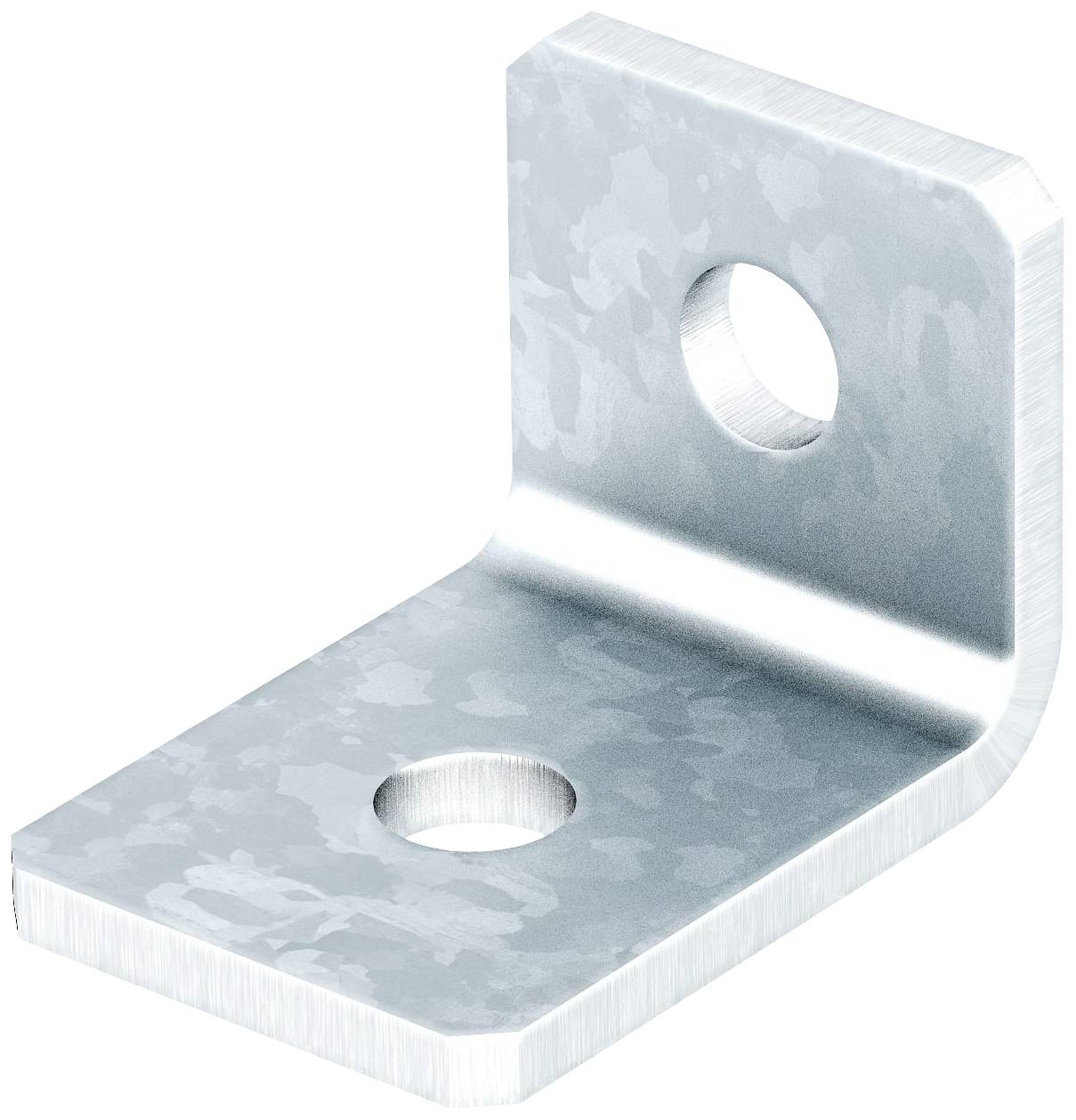 Metallwinkel mit zwei Löchern, eins pro Schenkel, für Befestigungszwecke. Oberflächenstruktur zeigt leichten Glanzeffekt.