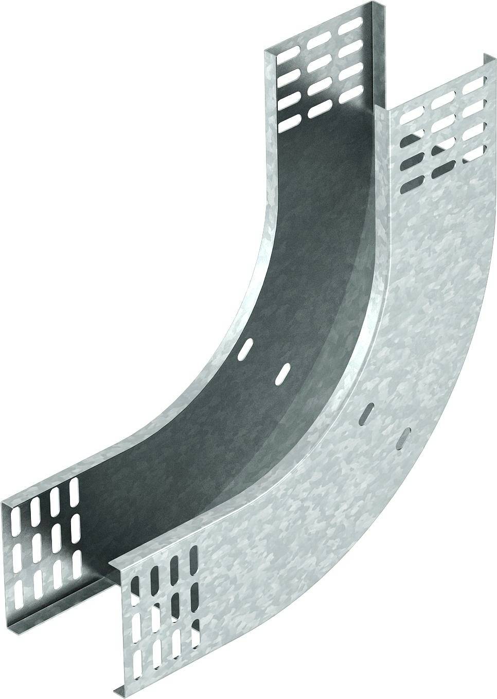 Ein gewölbtes, perforiertes Metallprofil, das Teil eines Kabelkanalsystems ist. Es zeigt eine geneigte Biegung für Richtungsänderungen.