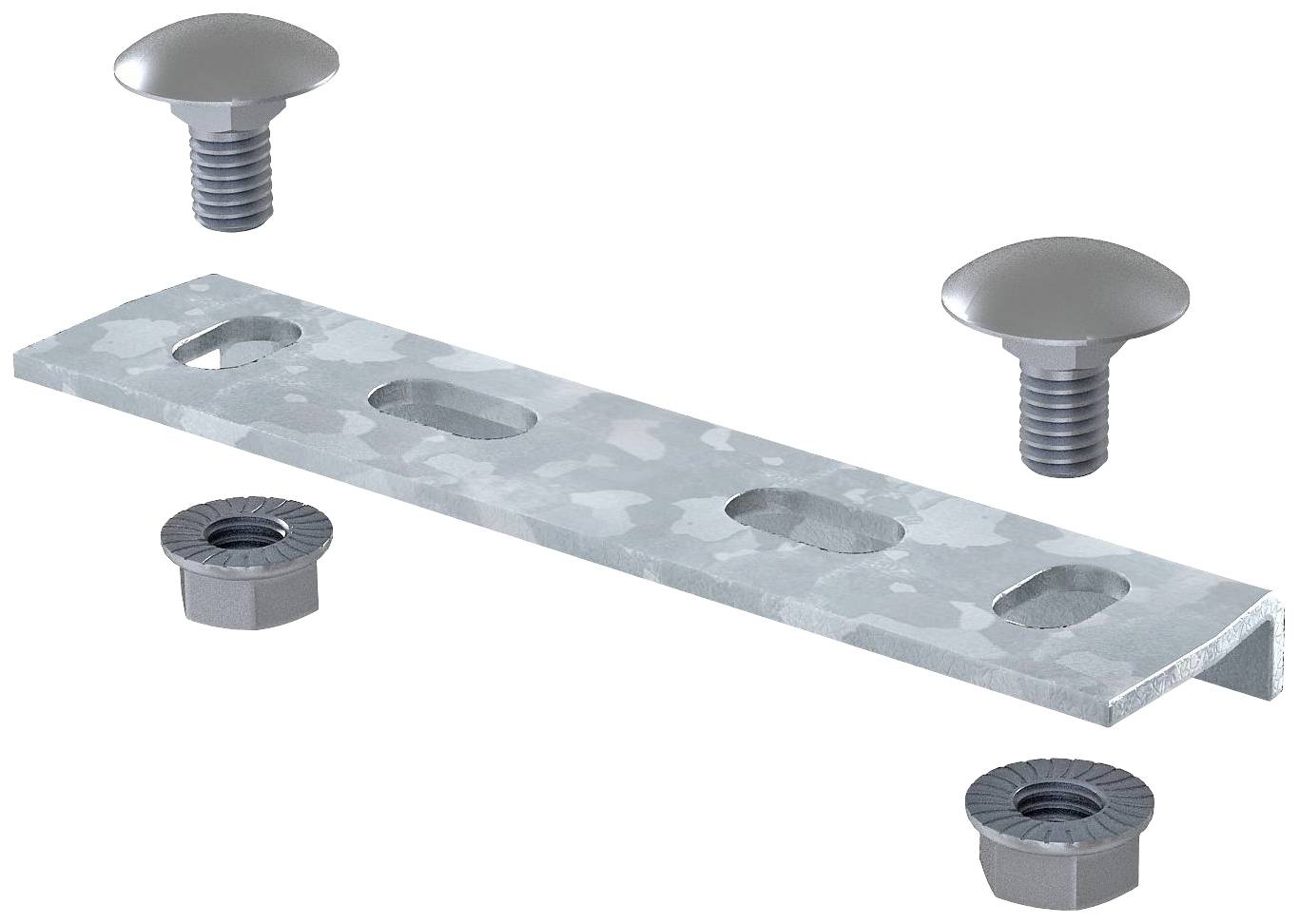 Metallwinkel mit drei Schräglöchern für Schrauben und zwei Schrauben mit Muttern. Eignet sich zur Verbindung und Befestigung von Bauteilen.