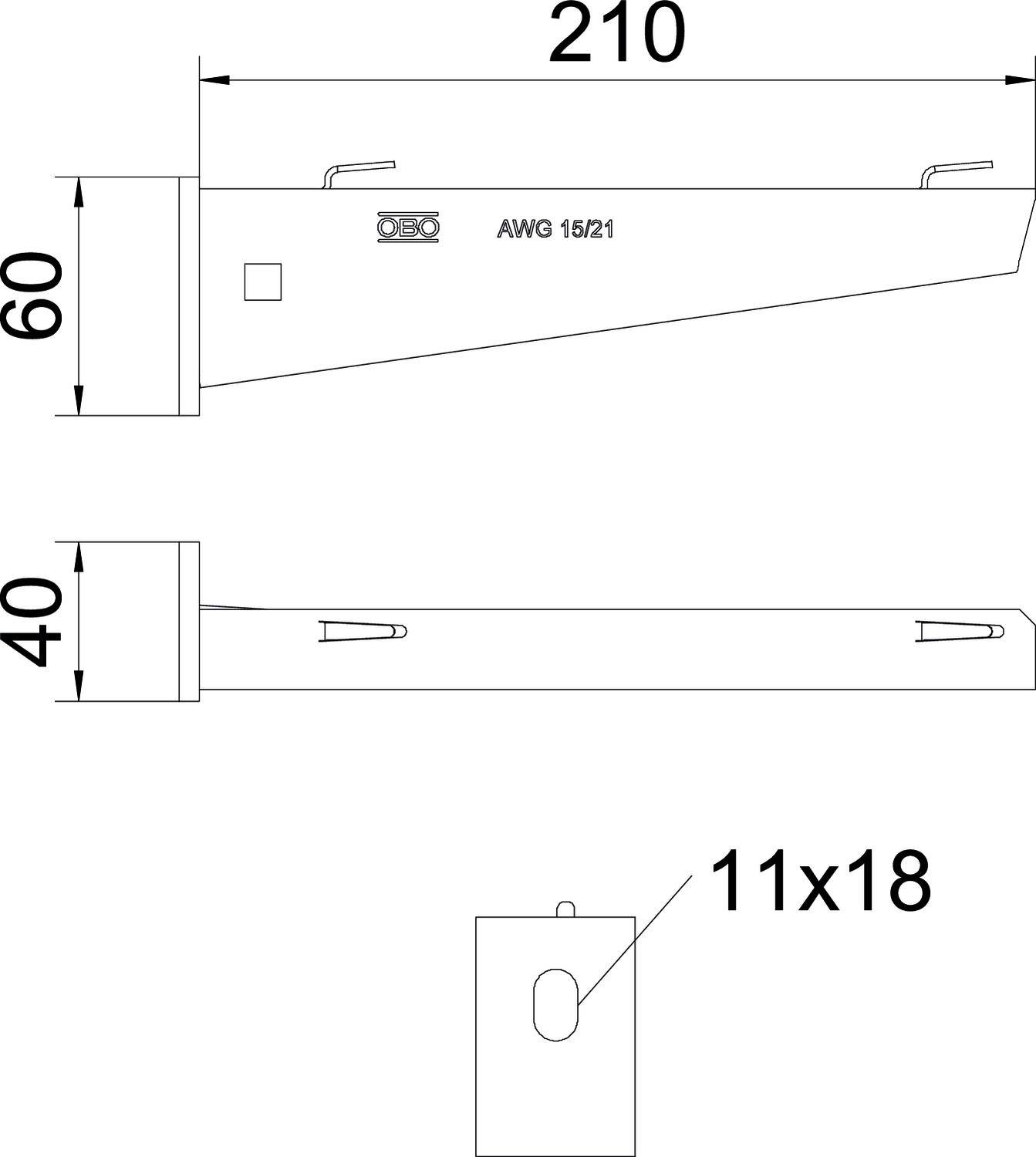 Technische Zeichnung eines Metallprofilstücks mit den Maßen: Länge 210 mm, Höhe 60 mm, Breite 40 mm, Bohrung 11x18 mm. Markierung 'AWG 15/21'.
