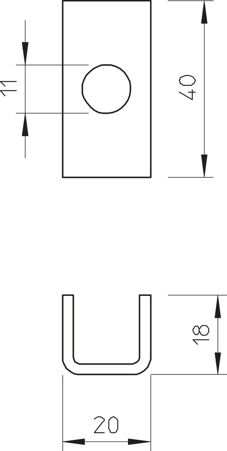 Technische Zeichnung eines U-förmigen Metallprofils mit Maßen: Breite 20 mm, Höhe 18 mm, Lochdurchmesser 11 mm, Gesamthöhe 40 mm.