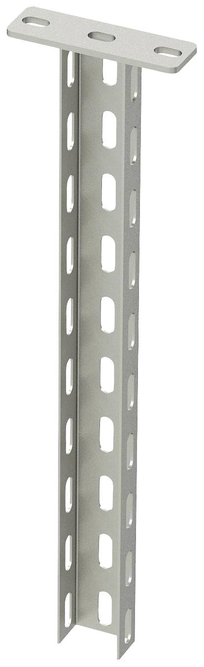 Ein silbernes Metallprofil in T-Form mit länglichen Löchern entlang der vertikalen Fläche, geeignet für Montage- oder Konstruktionszwecke.