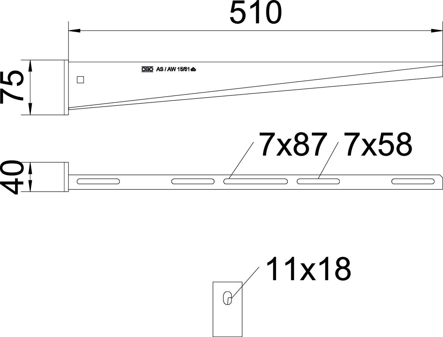 Technische Zeichnung eines Bauteils mit den Maßen 510 mm x 75 mm x 40 mm. Enthält Seitenansicht und Lochgrößenangaben (11 x 18 mm).