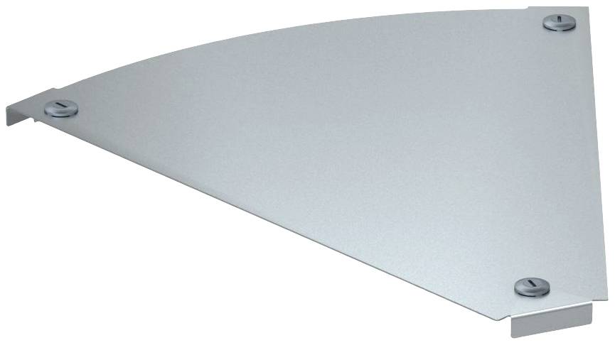 Ein graues, dreieckiges Metallteil mit abgerundeten Ecken und drei Schrauben an den Ecken. Eignet sich als Regalstütze oder Halterung.