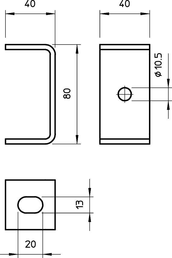 Technische Zeichnung eines Metallwinkels mit Maßen: 80 mm Höhe, 40 mm Breite, 20 mm Tiefe, Bohrlochs Durchmesser 10,5 mm.