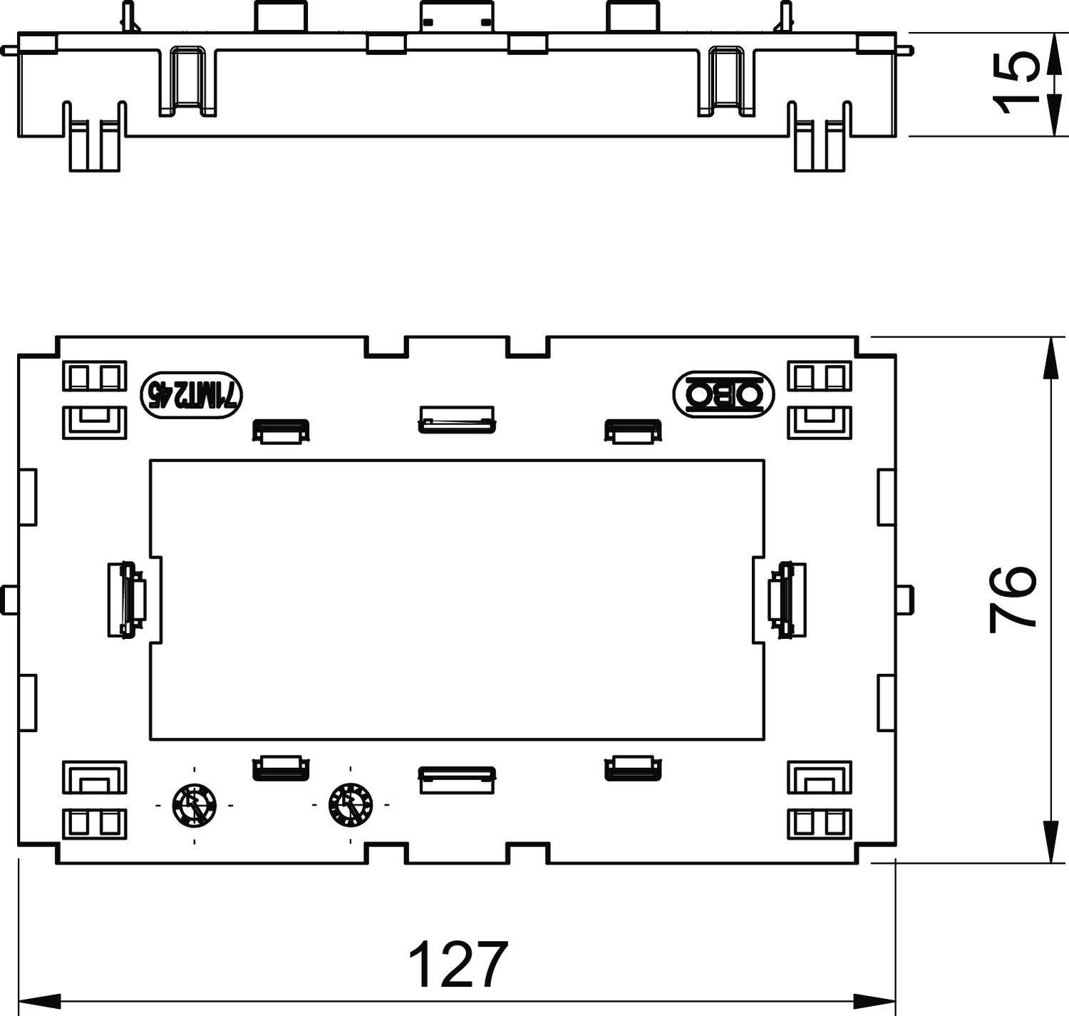 Technische Zeichnung eines rechteckigen Bauteils mit Maßen: 76 mm hoch, 127 mm breit, 15 mm tief. Anzeigen von Anschlüssen und Befestigungen.