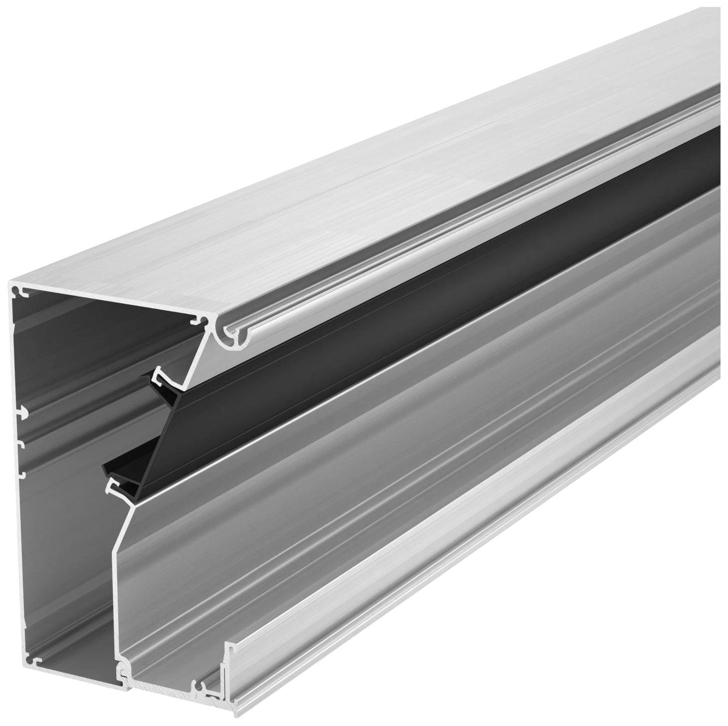 Aluminiumprofil in rechteckiger Form, typischerweise für den Einbau in LED-Lichtsysteme verwendet, zeigt Innenschienen und Kanäle.