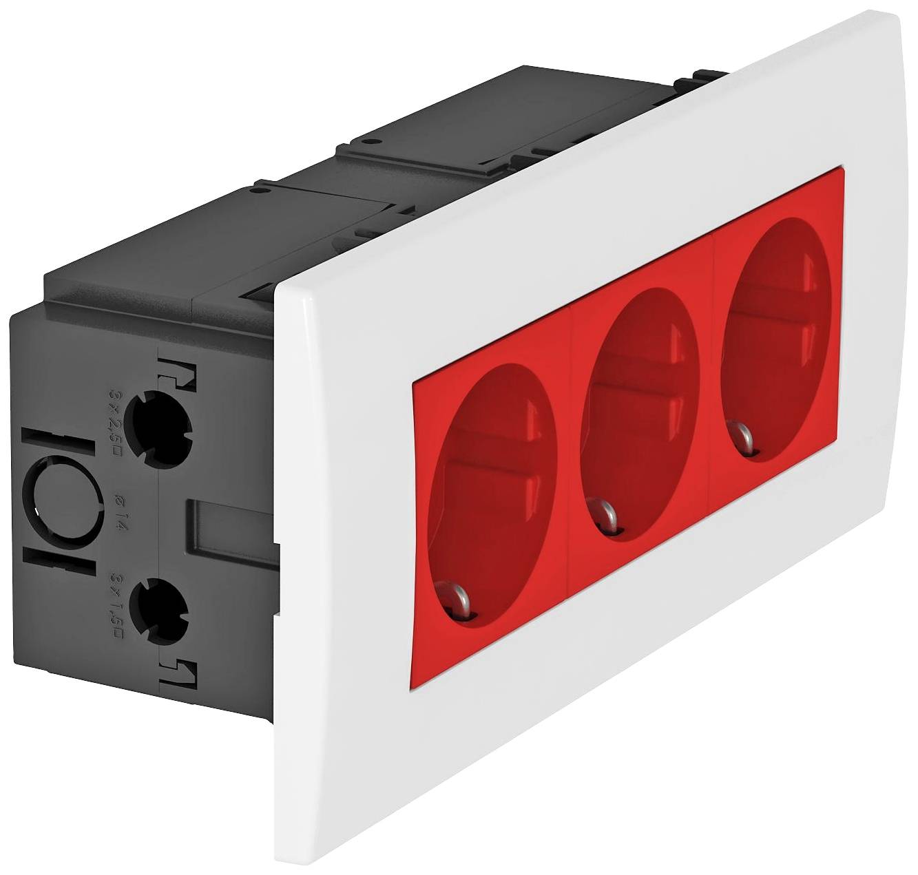 Ein elektrischer 3-fach Steckdosenblock mit rotem Einsatz, geeignet für den Einbau in Schalterprogramme und Elektrozubehör.