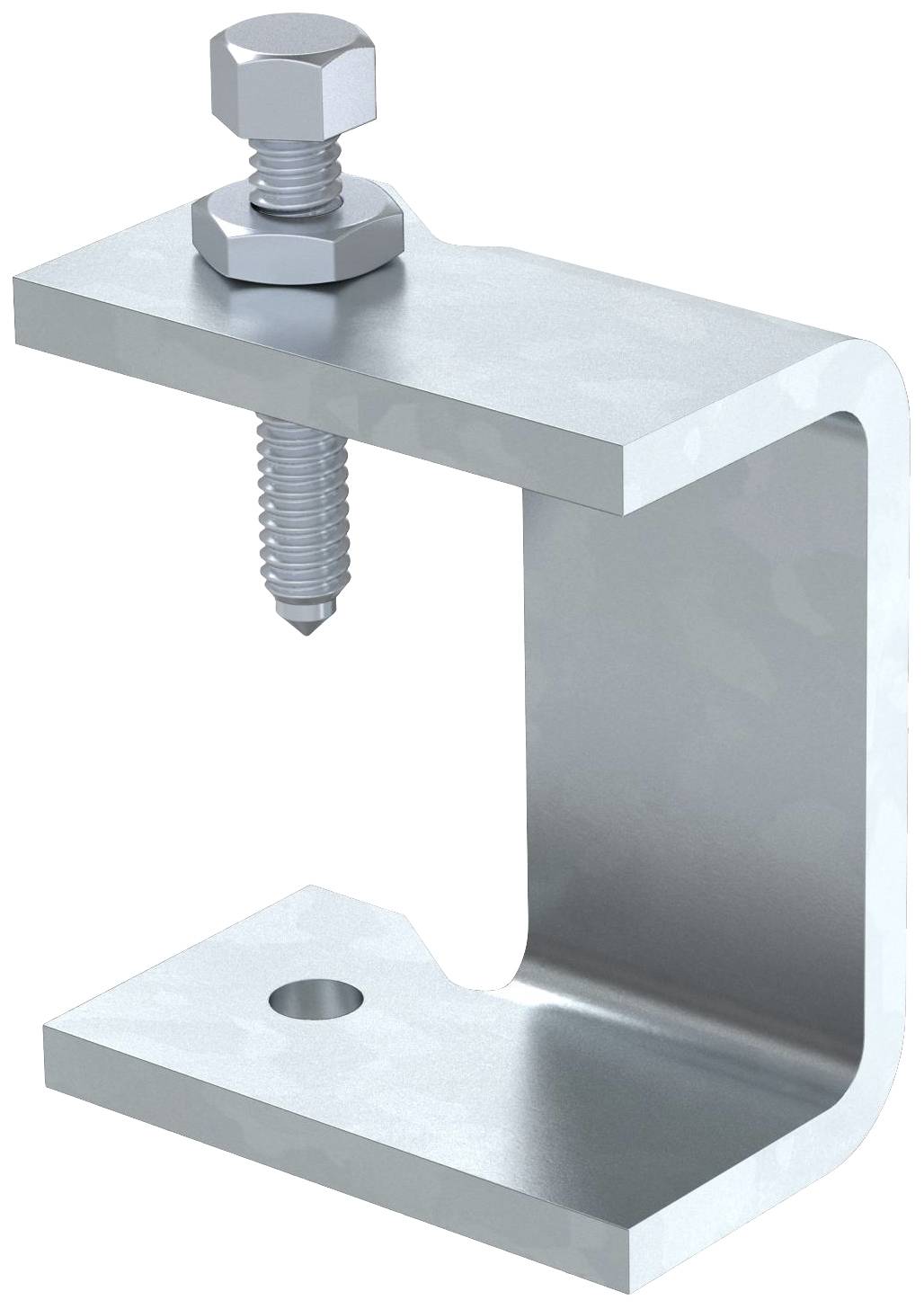 Metallwinkel mit Schraube, möglicherweise zur Verbindung von Bauteilen. Winkel hat eine L-Form und die Schraube ist senkrecht.