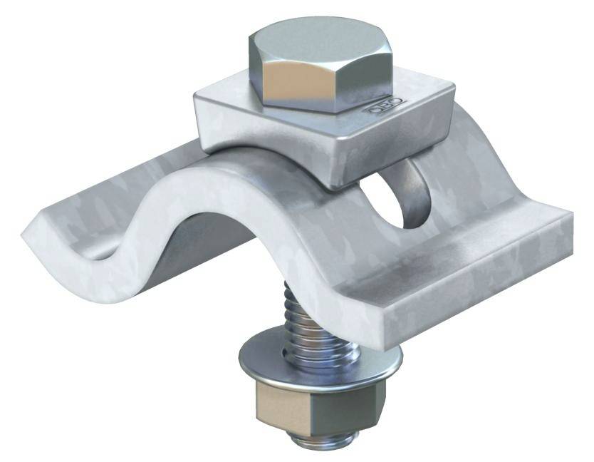 Metallbefestigungselement: Eine gebogene Klammer mit Schraube und Mutter, oft verwendet zur Sicherung von Baukomponenten.