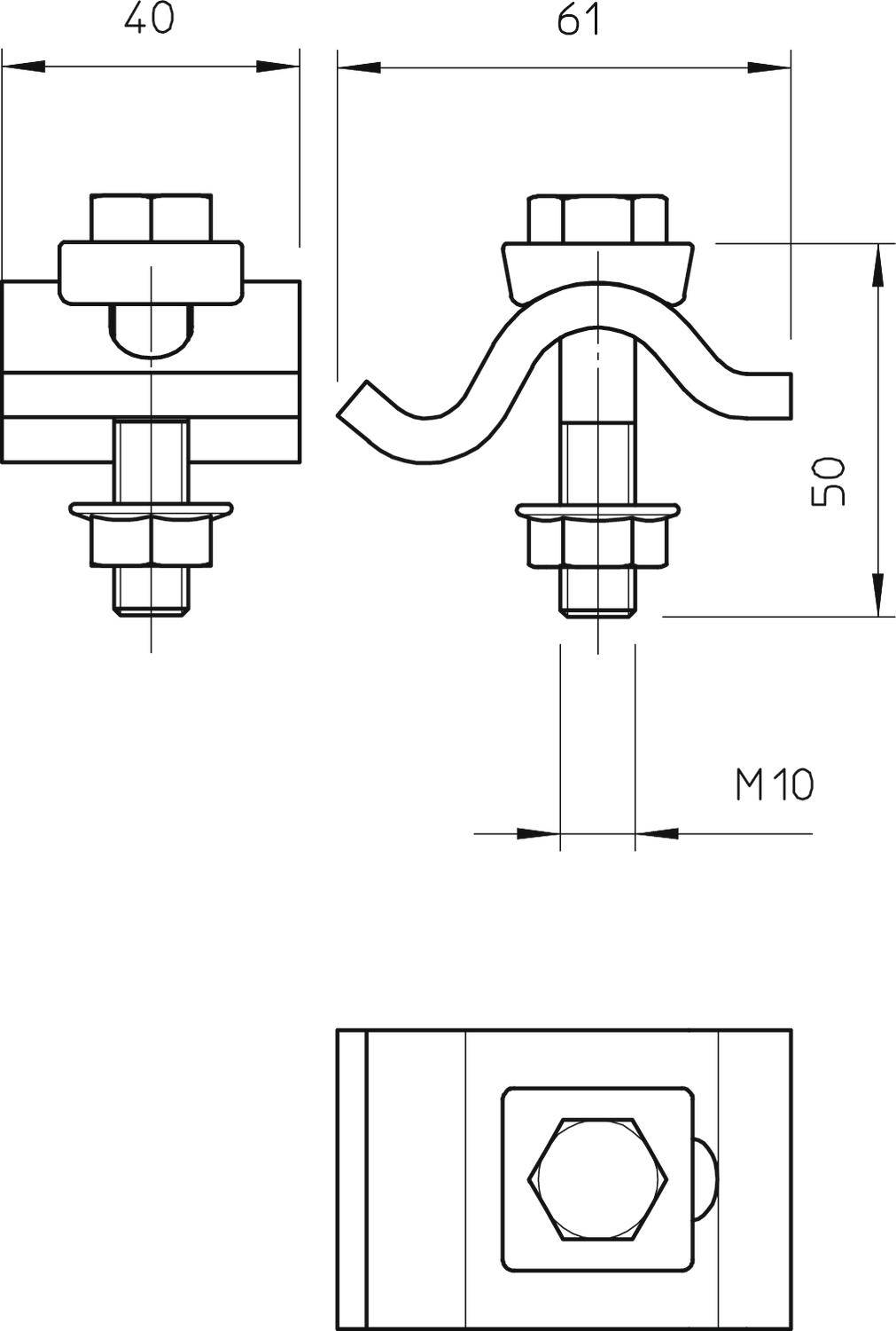 Technische Zeichnung eines Verbindungsstücks mit Maßen: Länge 61 mm, Breite 40 mm, Höhe 50 mm. Gewindegröße M10.