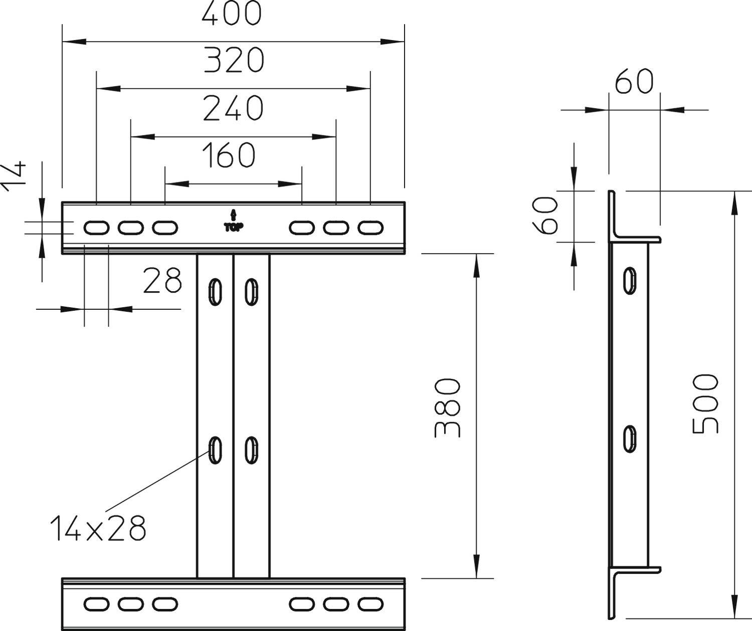 Technische Zeichnung eines Metallprofils mit Maßen: Breite 400 mm, Höhe 380 mm, Flanschbreite 60 mm. Bohrungen: 14x28 mm.