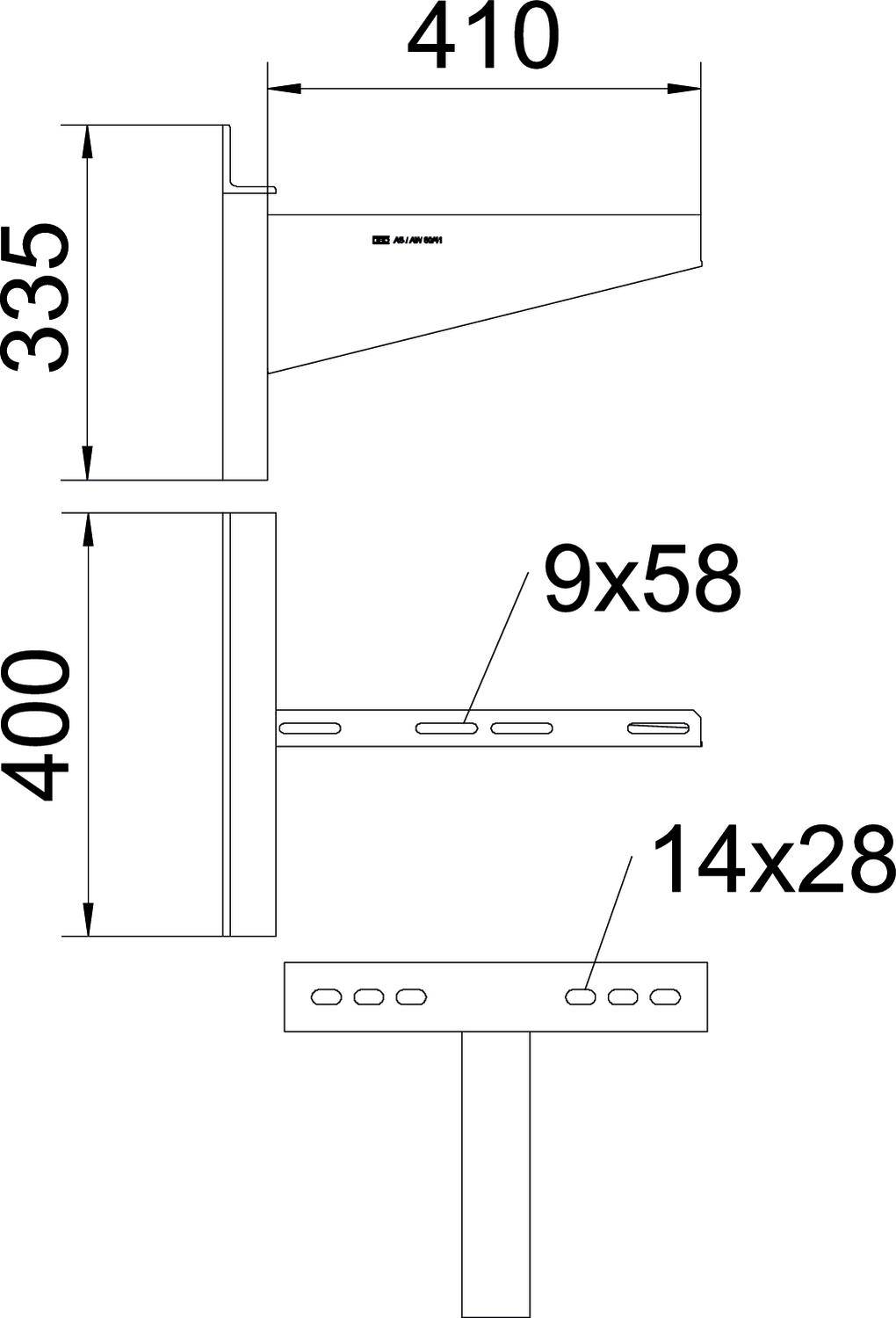 Technische Zeichnung eines Wandmontage-Halters mit Maßen: Breite 410, Höhe 335 oben, 400 mittig. Plattenverbindungen: 9x58, 14x28.