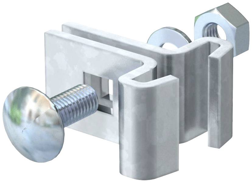 Metallschraube mit quadratischem Profil und Gewindebolzen, ergänzt durch eine Unterlegscheibe und Mutter, vor weißem Hintergrund.
