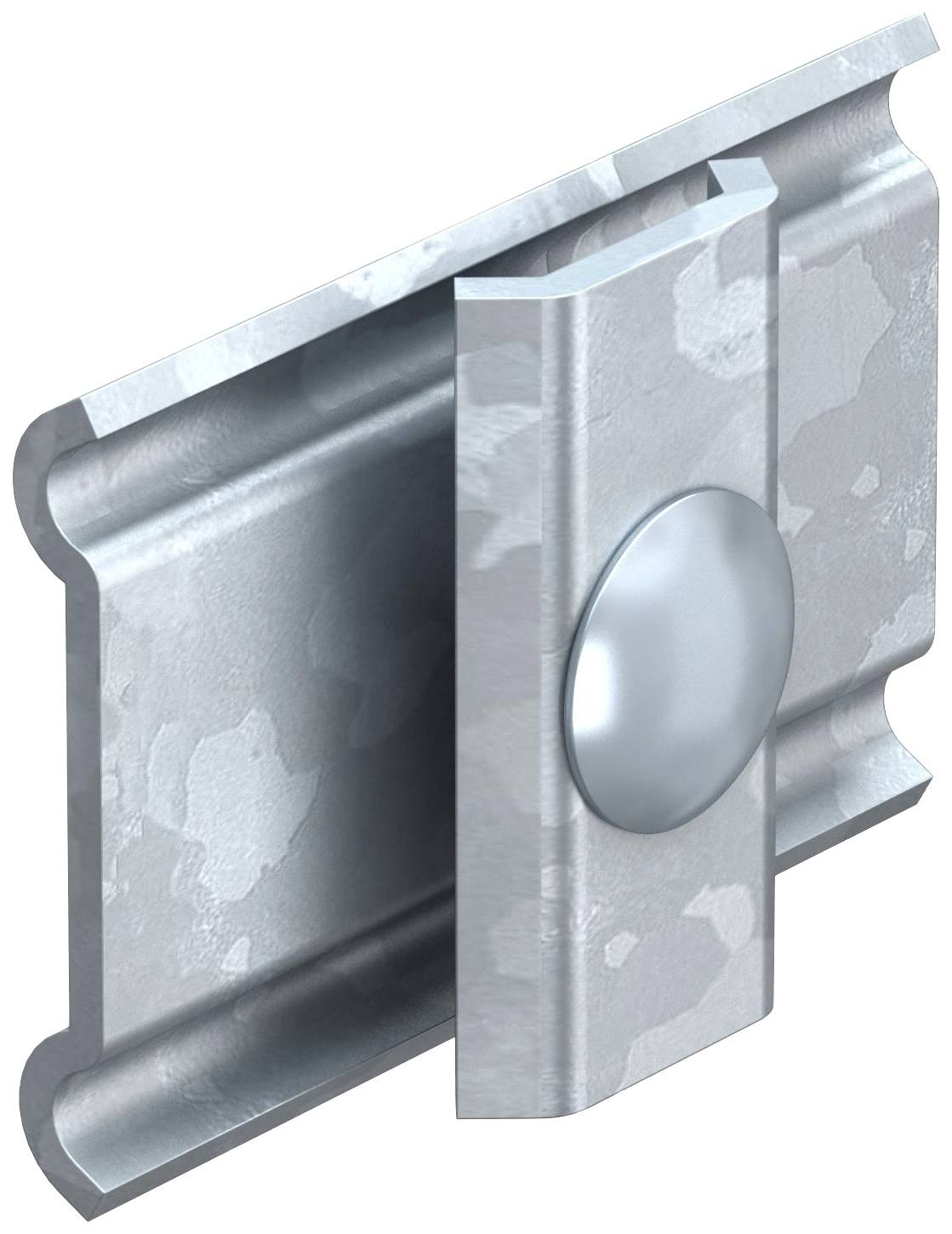 Metallclip in Silber mit strukturierten Oberflächen. Wird zur Befestigung verwendet und zeigt ein geprägtes Muster in der Mitte.