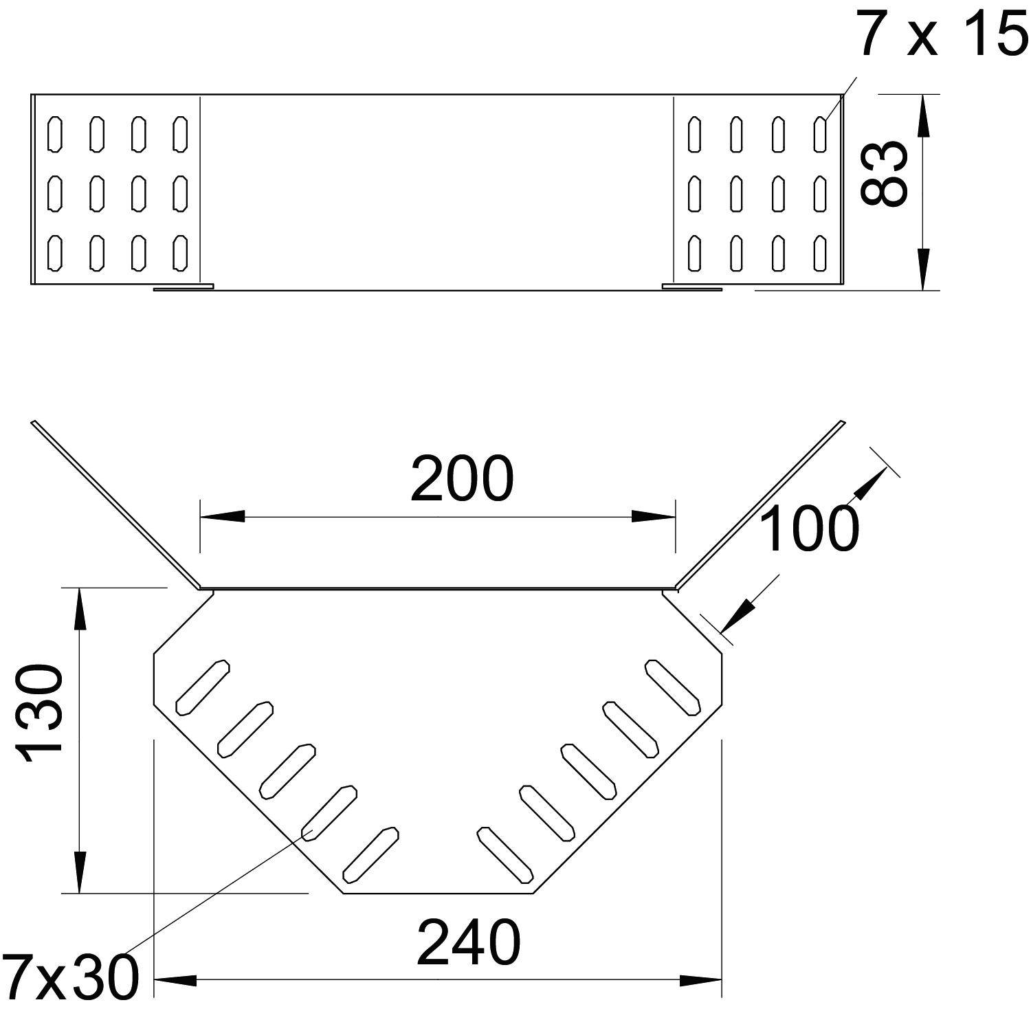 Technische Zeichnung eines Winkelprofils: Oben eine rechteckige Ansicht mit Löchern, Maße 7x15mm und 83mm. Unten die Seitensicht mit Maßen 200mm Breite, 100mm Tiefe, 130mm Höhe und 240mm Basis, mit diagonalen Löchern 7x30mm.