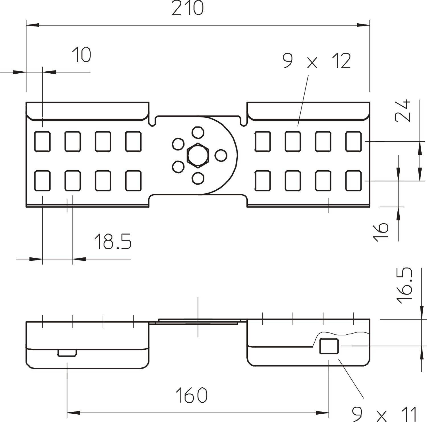 Technische Zeichnung eines Metallteils mit Maßen: Länge 210 mm, Breite 24 mm. Lochmuster 9 x 12, zentrale Aussparung, Seitenansicht 160 mm.
