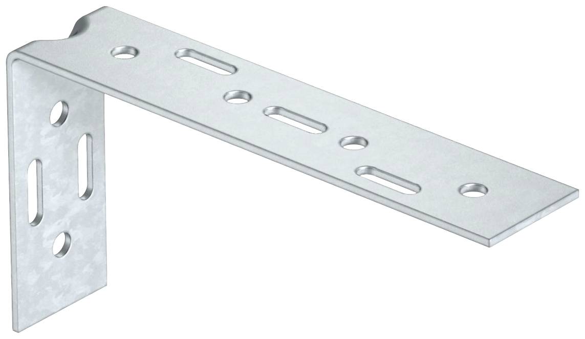 Ein silberner Metallwinkel mit mehreren Löchern für Schrauben, verwendet zur Befestigung von Gegenständen an Wänden oder anderen Oberflächen.