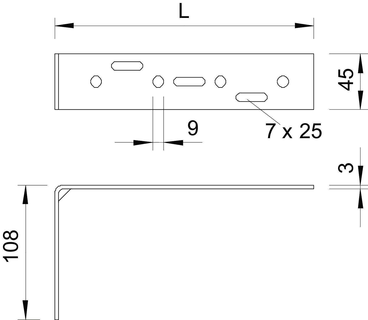 Technische Zeichnung eines rechtwinkligen Metallwinkels. Oben: Lochanordnung und Maße von 9 mm und 7 x 25 mm. Seitenmaße: 108 mm hoch, 45 mm breit, 3 mm dick.