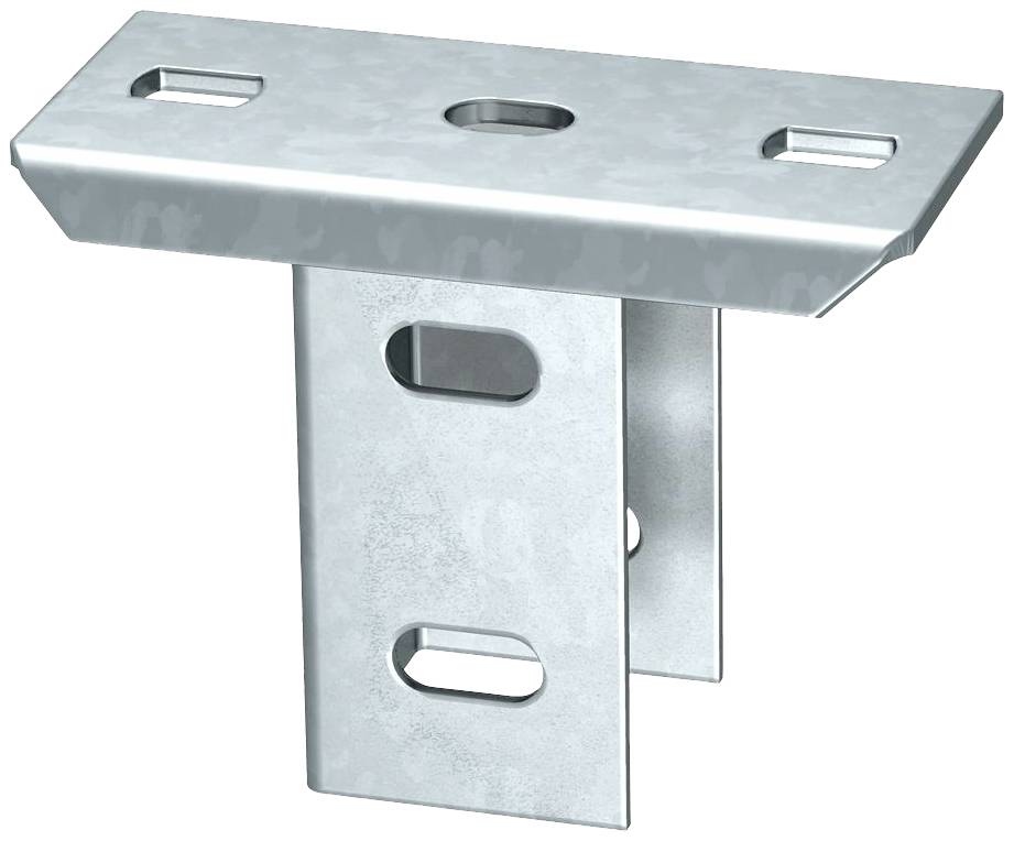 Metallhalterung mit flacher Oberseite und mehreren Schlitzen. Geeignet für Montagesysteme in Bau- oder Konstruktionsprojekten.
