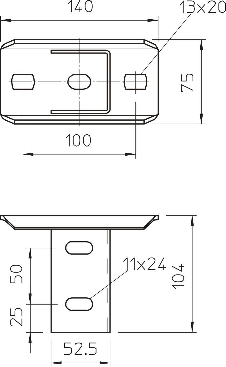 Technische Zeichnung eines Metallwinkels mit den Maßen: 140x75 mm Grundfläche, 50 mm Höhe. Bohrlöcher: 13x20 mm, 11x24 mm.