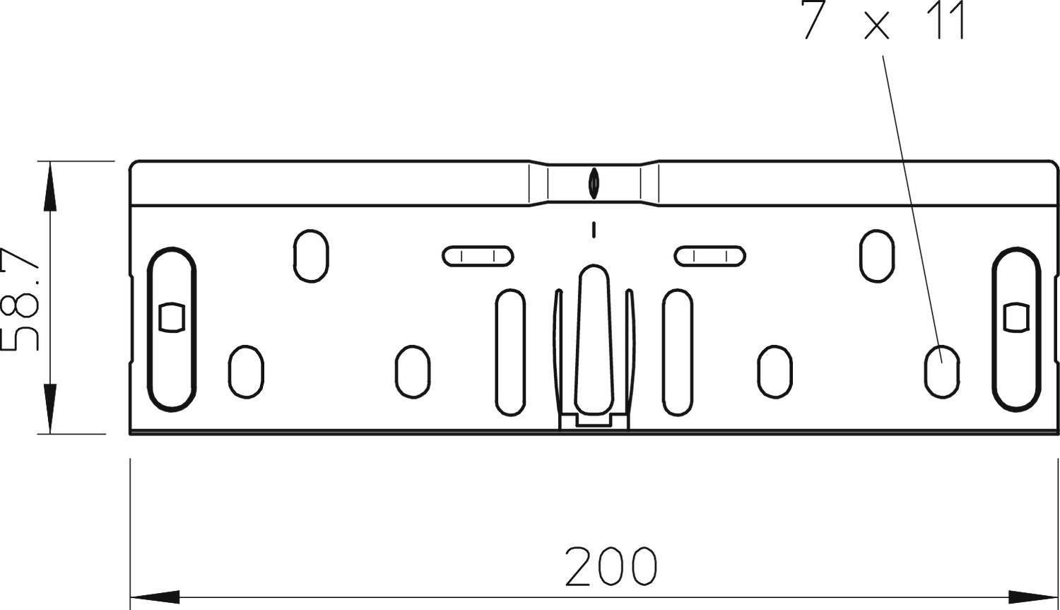 Technische Zeichnung eines rechteckigen Bauteils mit den Maßen 200 mm x 58,7 mm. Markierungen und Bohrlochangaben '7 x 11' ersichtlich.