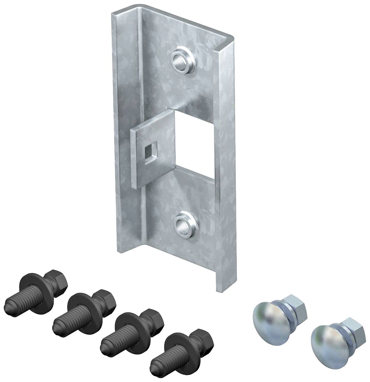 Metallwinkel mit rechteckiger Öffnung und vier Schrauben darunter; daneben zwei separate, große Schrauben mit flachem Kopf.