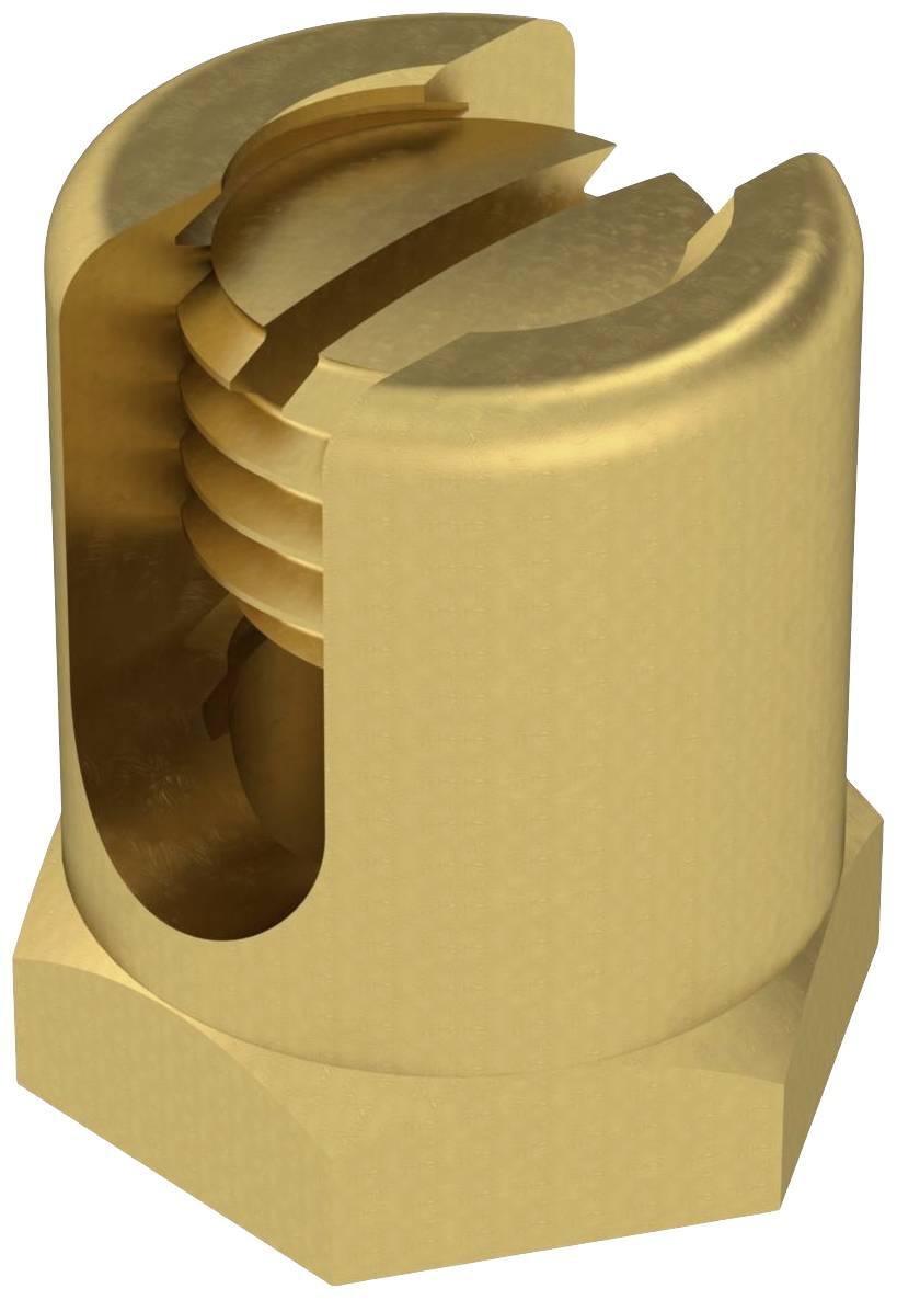 Messing-Mutternbolzen, geschnitten, um innere Gewindestruktur zu zeigen. Veranschaulicht die genaue Passform und das Material.