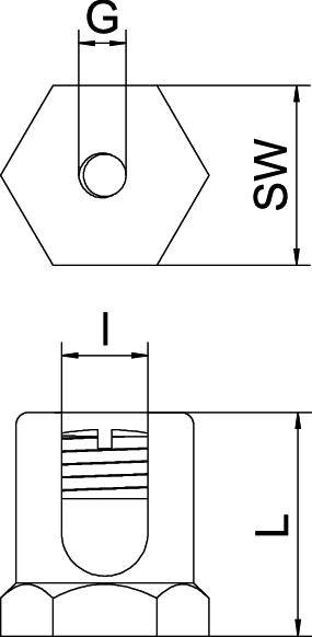 Technische Zeichnung einer Sechskantmutter mit Innengewinde. Oben Draufsicht mit Maß 'G'; unten Seitenansicht mit Maßen 'SW', 'l' und 'L'.