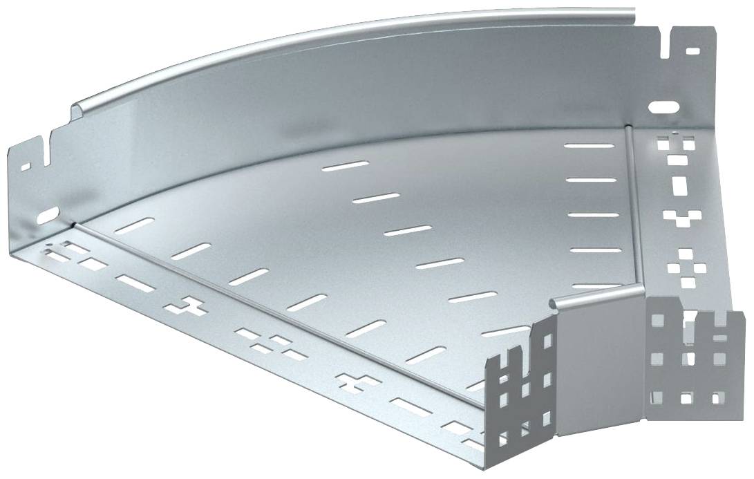 Ein silbernes Metalleckstück eines Kabeltragsystems mit Schlitzen zur Belüftung, verwendet zur sicheren Verlegung von Kabeln in Ecken.