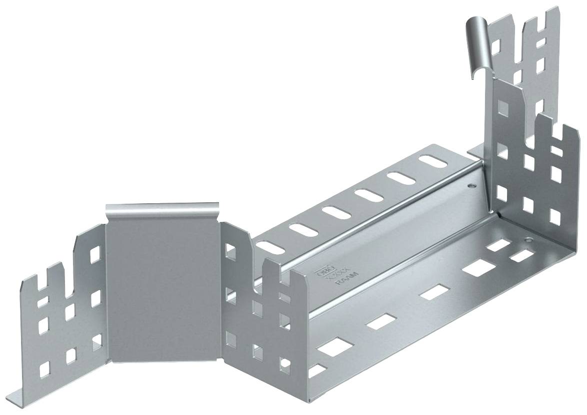 Metallwinkel mit rechteckigen Öffnungen und gebogenen Kanten, geeignet für Kabelverlegung oder Befestigung in Bauprojekten.