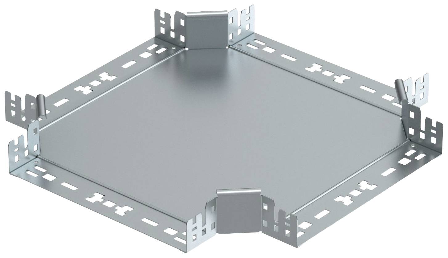 Metallisches Komponentensystem mit sechseckiger Form, Löchern und Clips an den Kanten, dargestellt auf weißem Hintergrund.