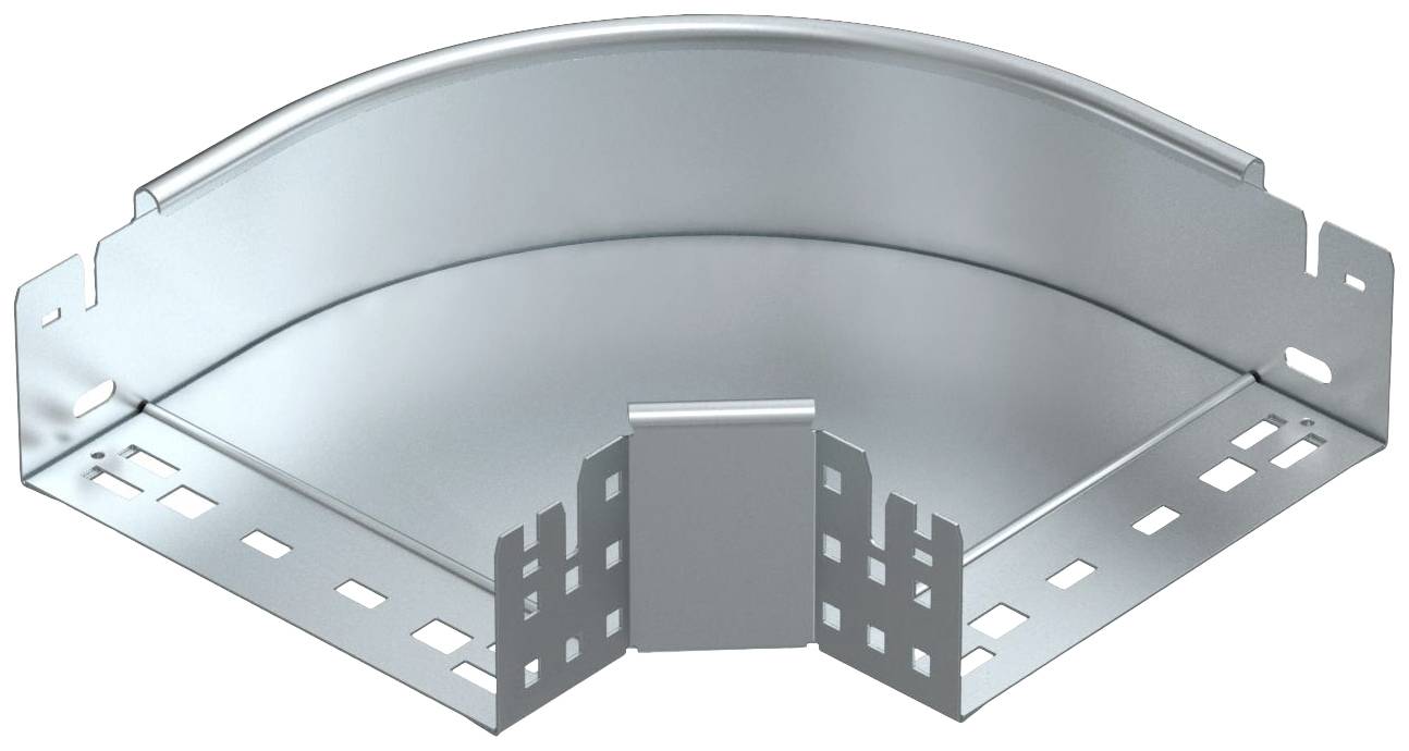 Metallecke für Kabelkanäle, geeignet zur Führung von Kabeln um eine rechtwinklige Ecke, mit Befestigungslöchern an den Seiten.