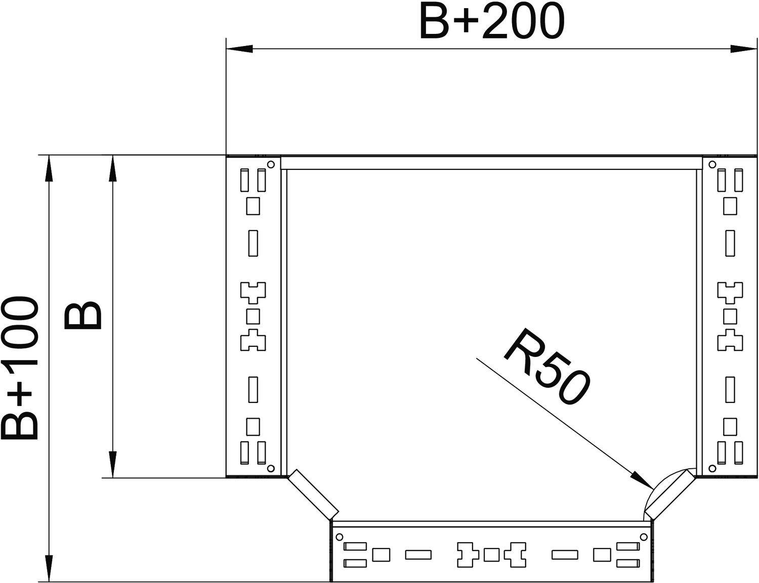 Technische Zeichnung einer Metallplatte mit Abmessungen: Breite B plus 200, Höhe B plus 100, und ein gezeichneter Radius von 50.