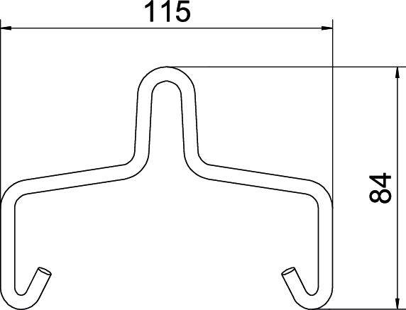 Technische Zeichnung eines Metallhakens; Form dreieckig mit Haken an den Enden; Breite: 115 mm, Höhe: 84 mm.