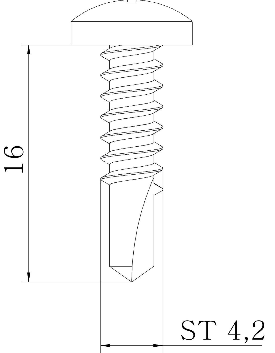Technische Zeichnung einer Schraube mit den Maßen: Länge 16 mm, Breite ST 4,2 mm. Schraubenkopf oben, Gewinde in der Mitte.
